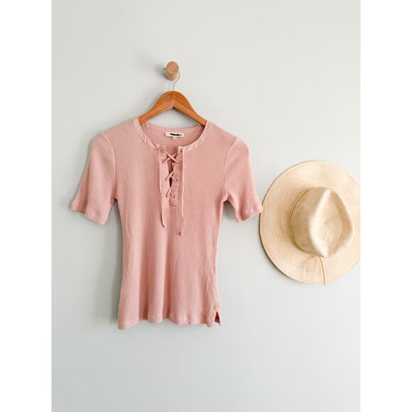 Madewell | NWT Ribbed Lace-Up Short-Sleeve Tee in Pale Blush | XS - Picture 2 of 8